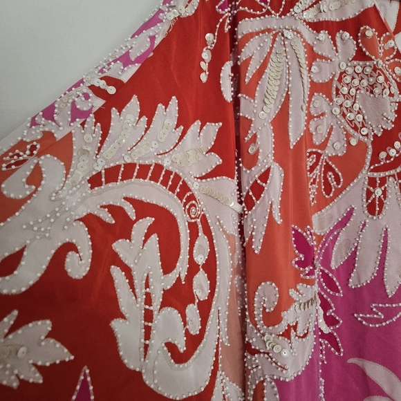 Josie Natori Mantilla Scroll Sequinned Floral Dress Orange Pink Size M/L - Picture 5 of 11